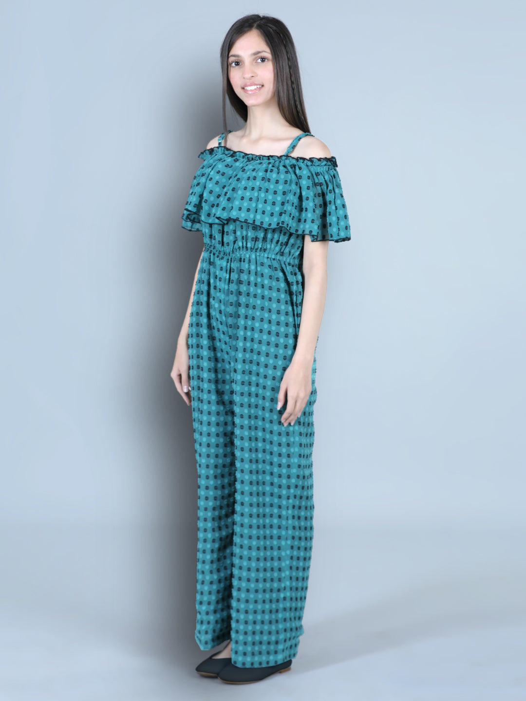 Cutiekins Off Shoulder Dyed Booti Georgette Jumpsuit-Teal