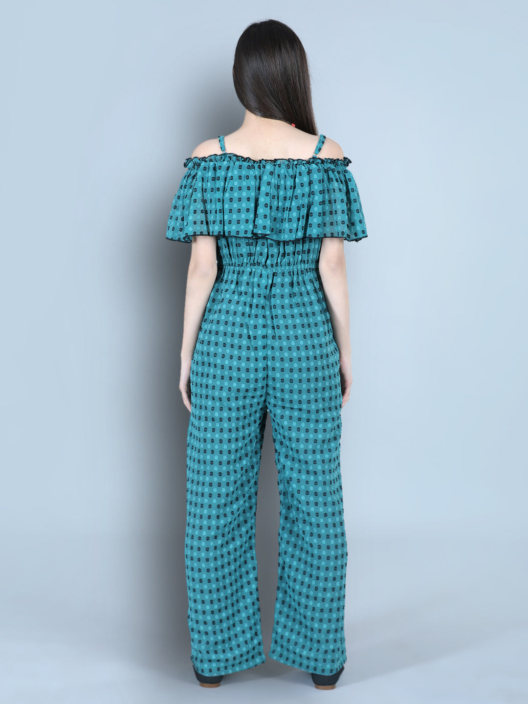 Cutiekins Off Shoulder Dyed Booti Georgette Jumpsuit-Teal