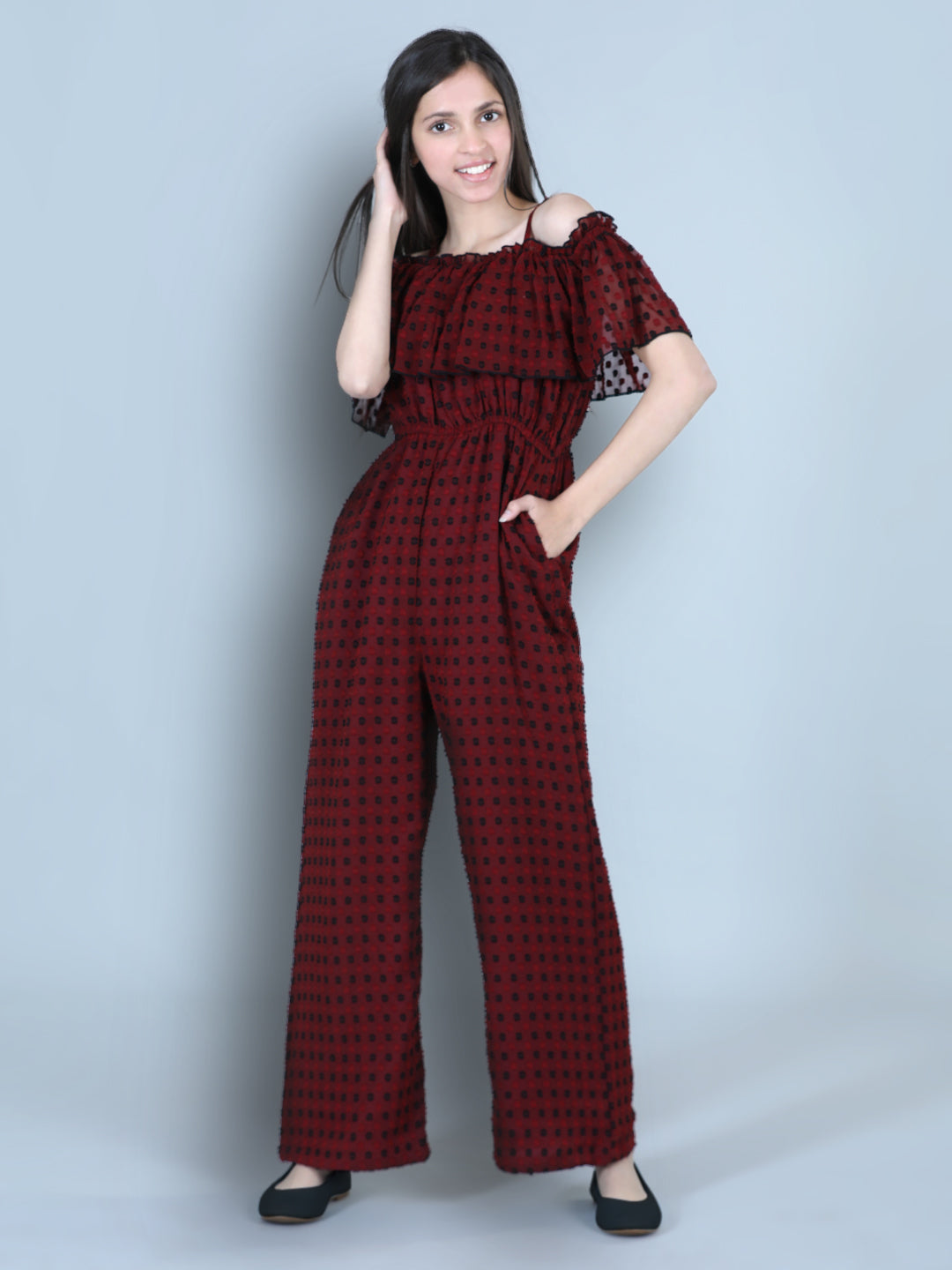 Cutiekins Off Shoulder Dyed Booti Georgette Jumpsuit-Maroon & Black