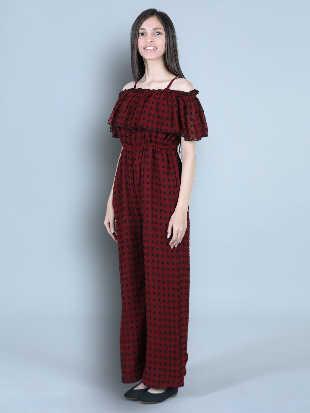 Cutiekins Off Shoulder Dyed Booti Georgette Jumpsuit-Maroon & Black