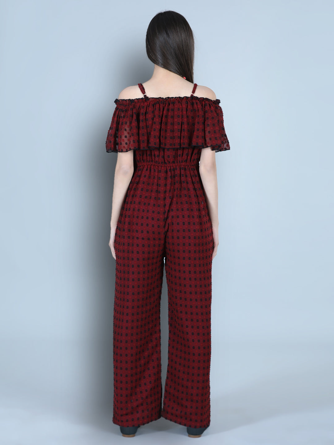 Cutiekins Off Shoulder Dyed Booti Georgette Jumpsuit-Maroon & Black