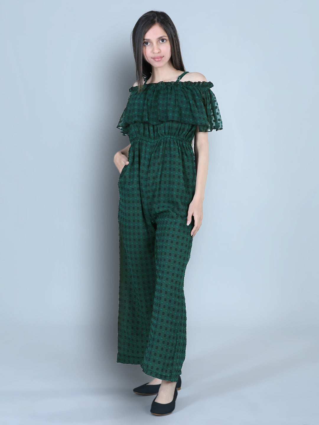 Cutiekins Off Shoulder Dyed Booti Georgette Jumpsuit-Bottlegreen & Black