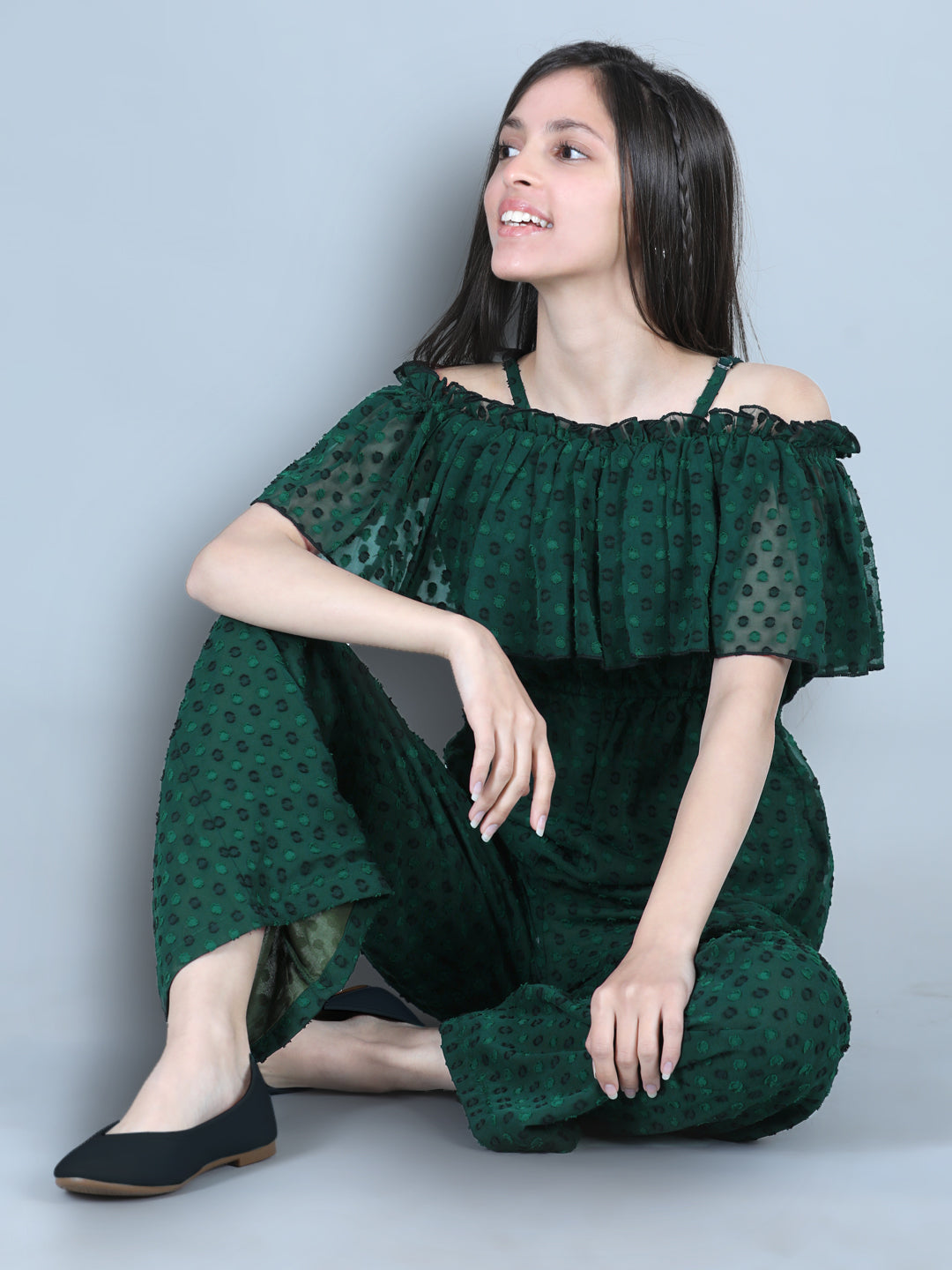 Cutiekins Off Shoulder Dyed Booti Georgette Jumpsuit-Bottlegreen & Black