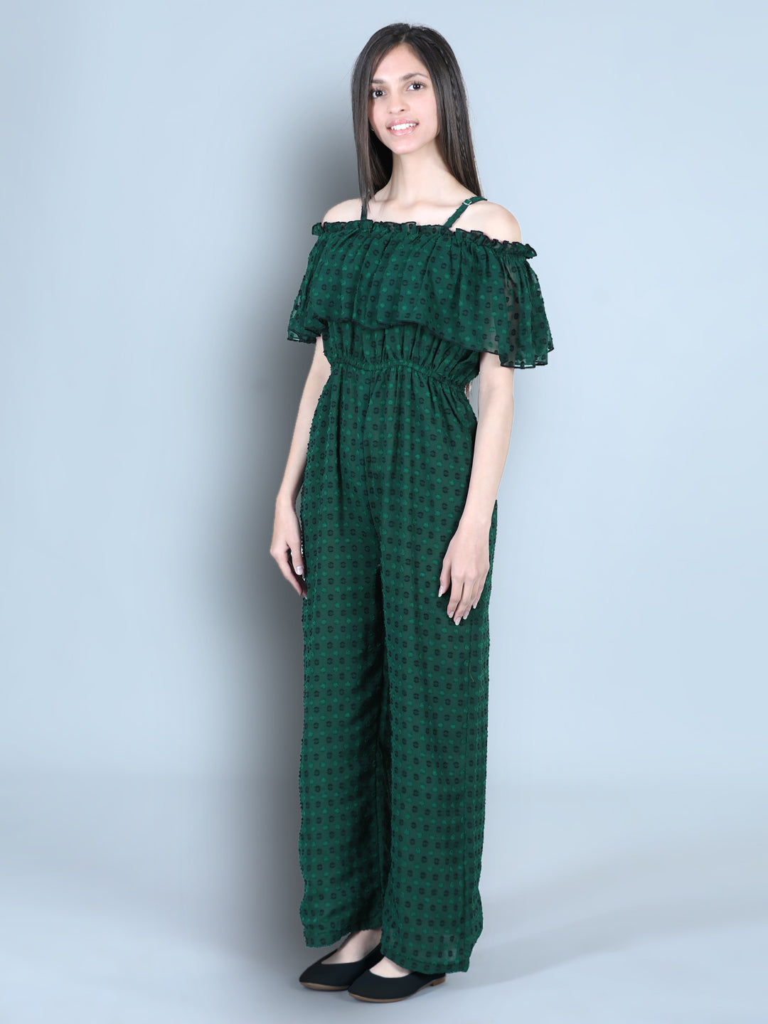 Cutiekins Off Shoulder Dyed Booti Georgette Jumpsuit-Bottlegreen & Black