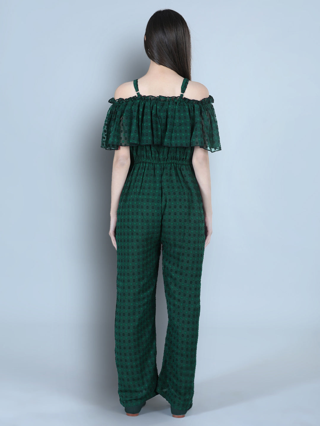 Cutiekins Off Shoulder Dyed Booti Georgette Jumpsuit-Bottlegreen & Black