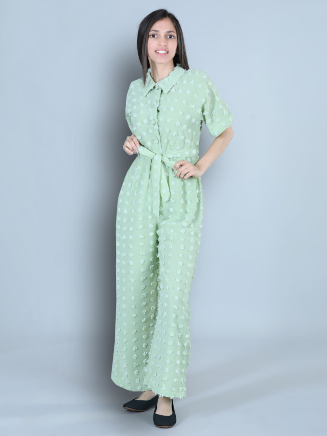 Cutiekins Collor Neck Dyed Booti Georgette Jumpsuit-Light Green