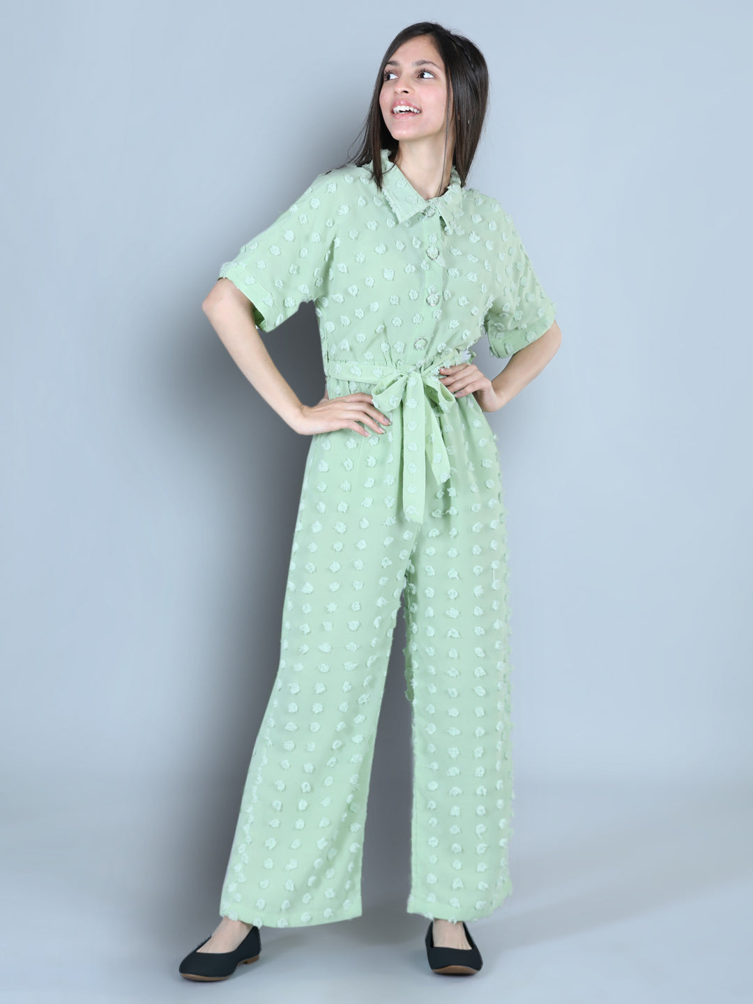 Cutiekins Collor Neck Dyed Booti Georgette Jumpsuit-Light Green