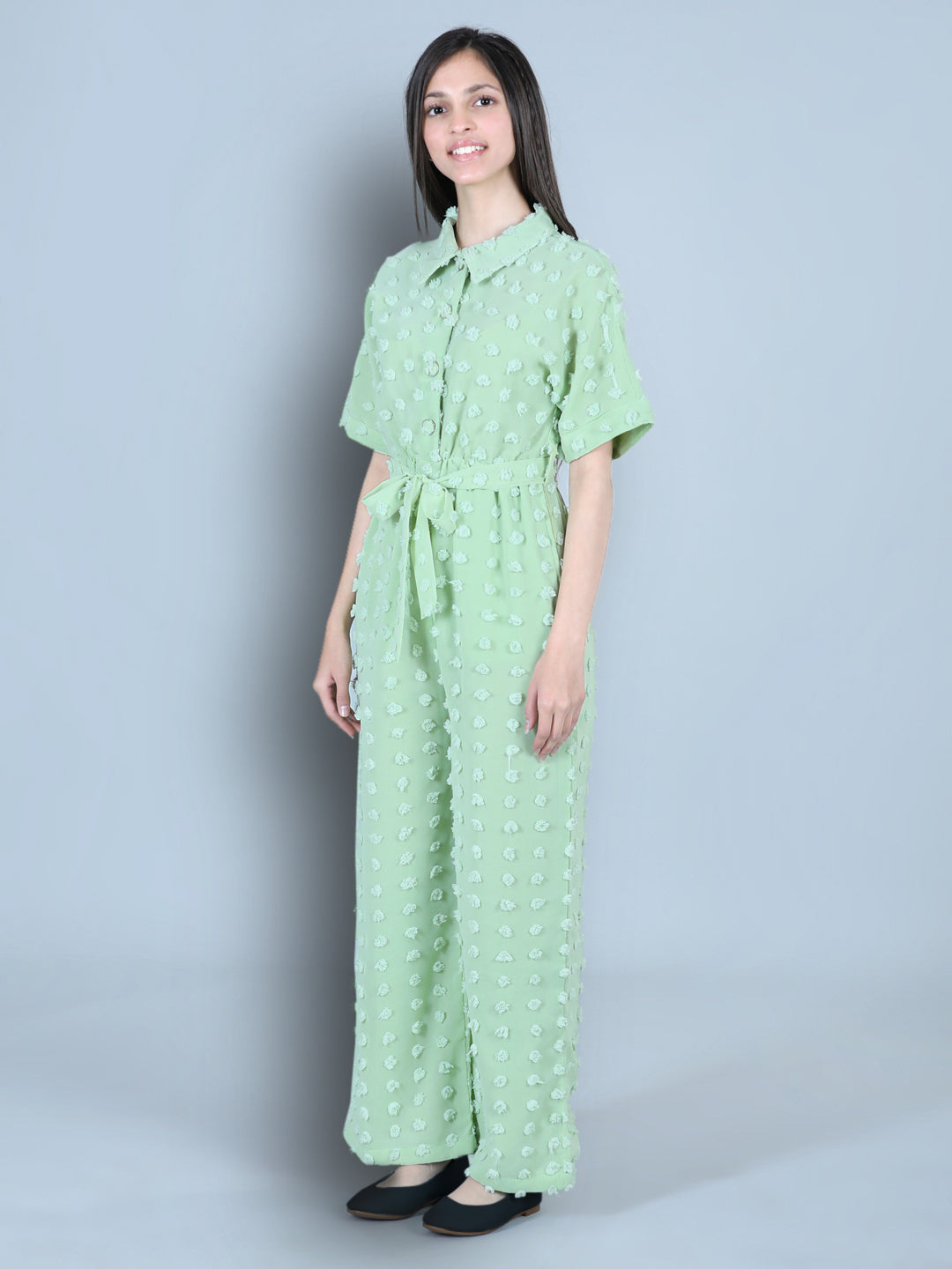 Cutiekins Collor Neck Dyed Booti Georgette Jumpsuit-Light Green