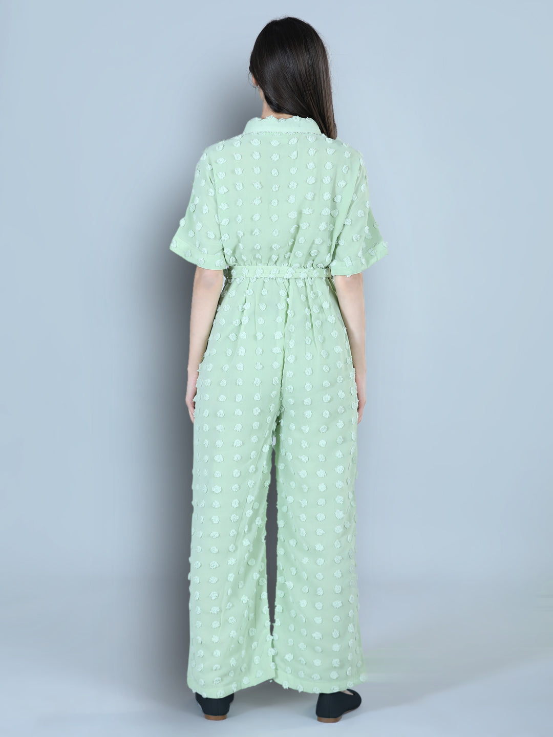 Cutiekins Collor Neck Dyed Booti Georgette Jumpsuit-Light Green