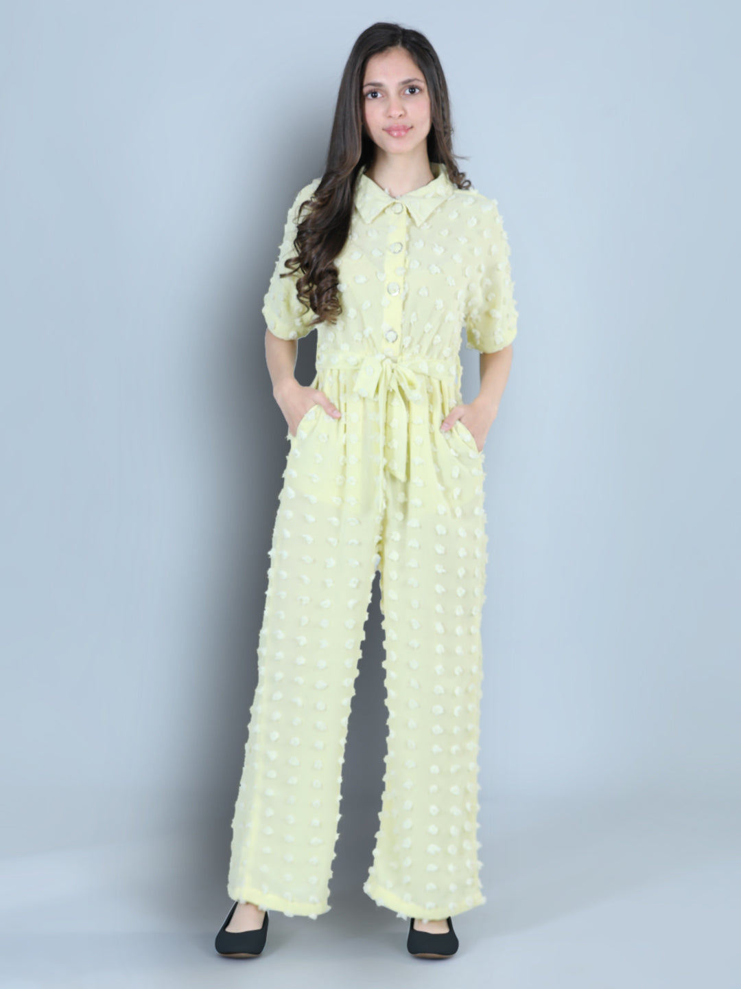 Cutiekins Collor Neck Dyed Booti Georgette Jumpsuit-Lemon Yellow