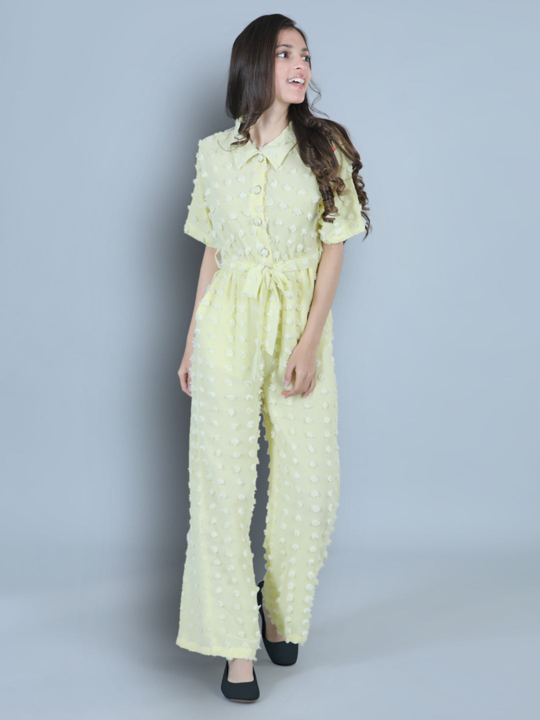 Cutiekins Collor Neck Dyed Booti Georgette Jumpsuit-Lemon Yellow