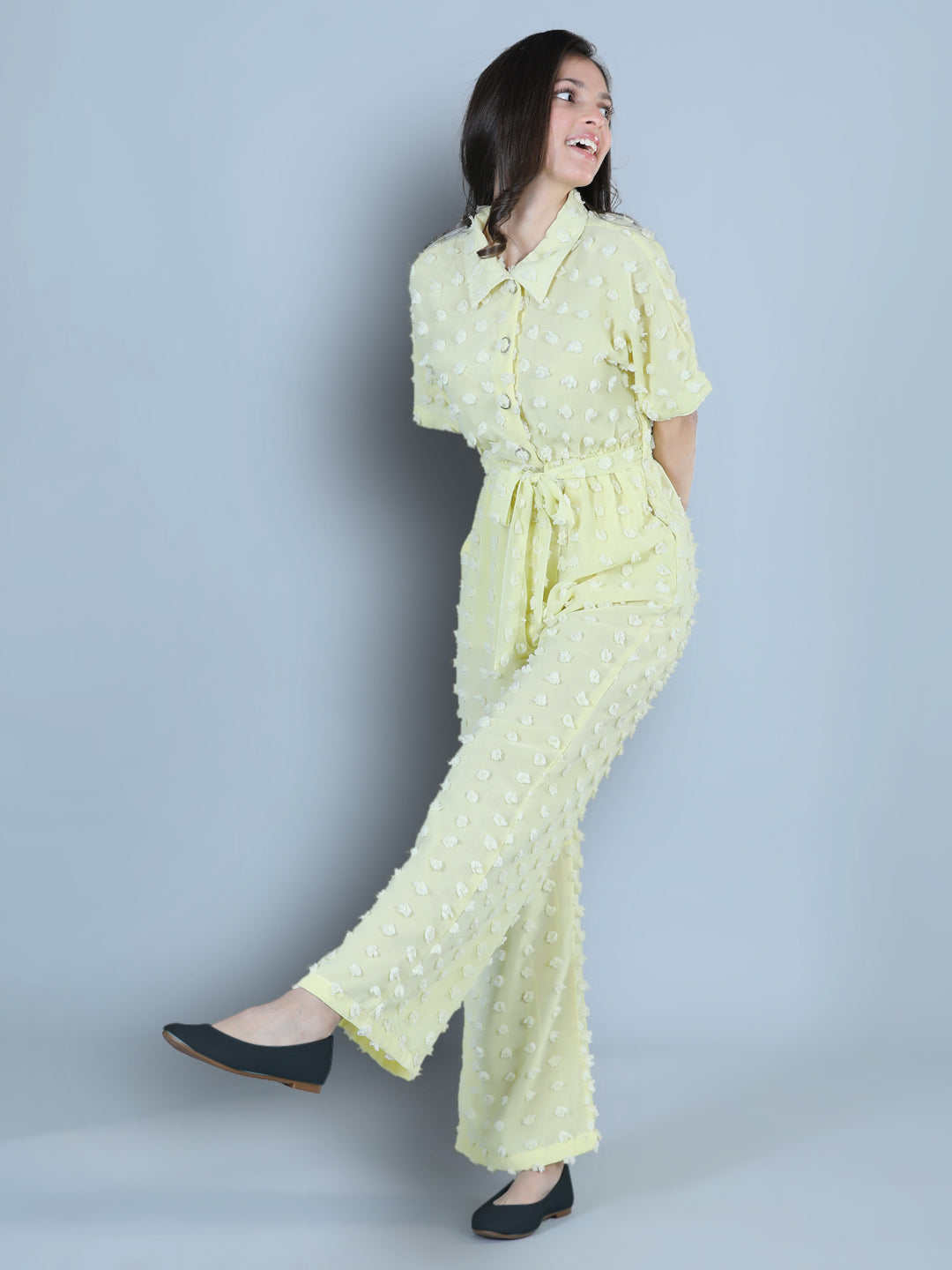 Cutiekins Collor Neck Dyed Booti Georgette Jumpsuit-Lemon Yellow