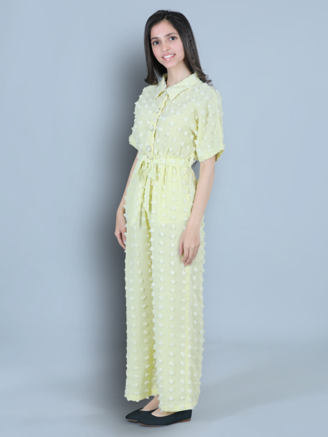 Cutiekins Collor Neck Dyed Booti Georgette Jumpsuit-Lemon Yellow