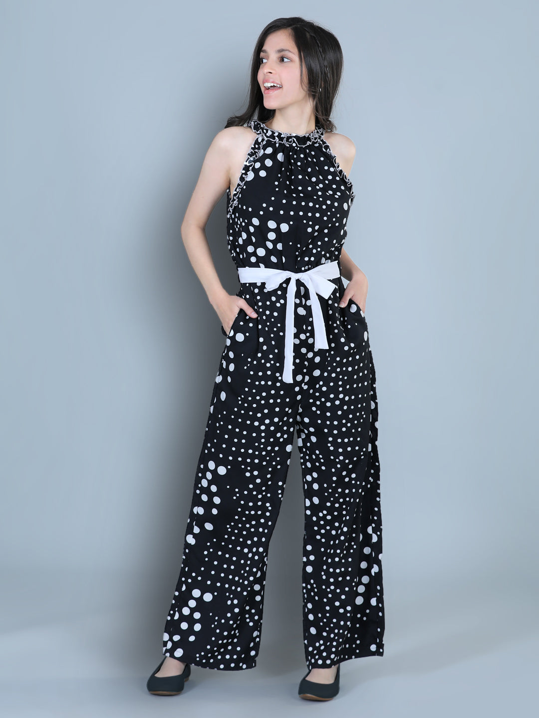 Cutiekins Polka Dot Printed Polyester Jumpsuit -White & Black