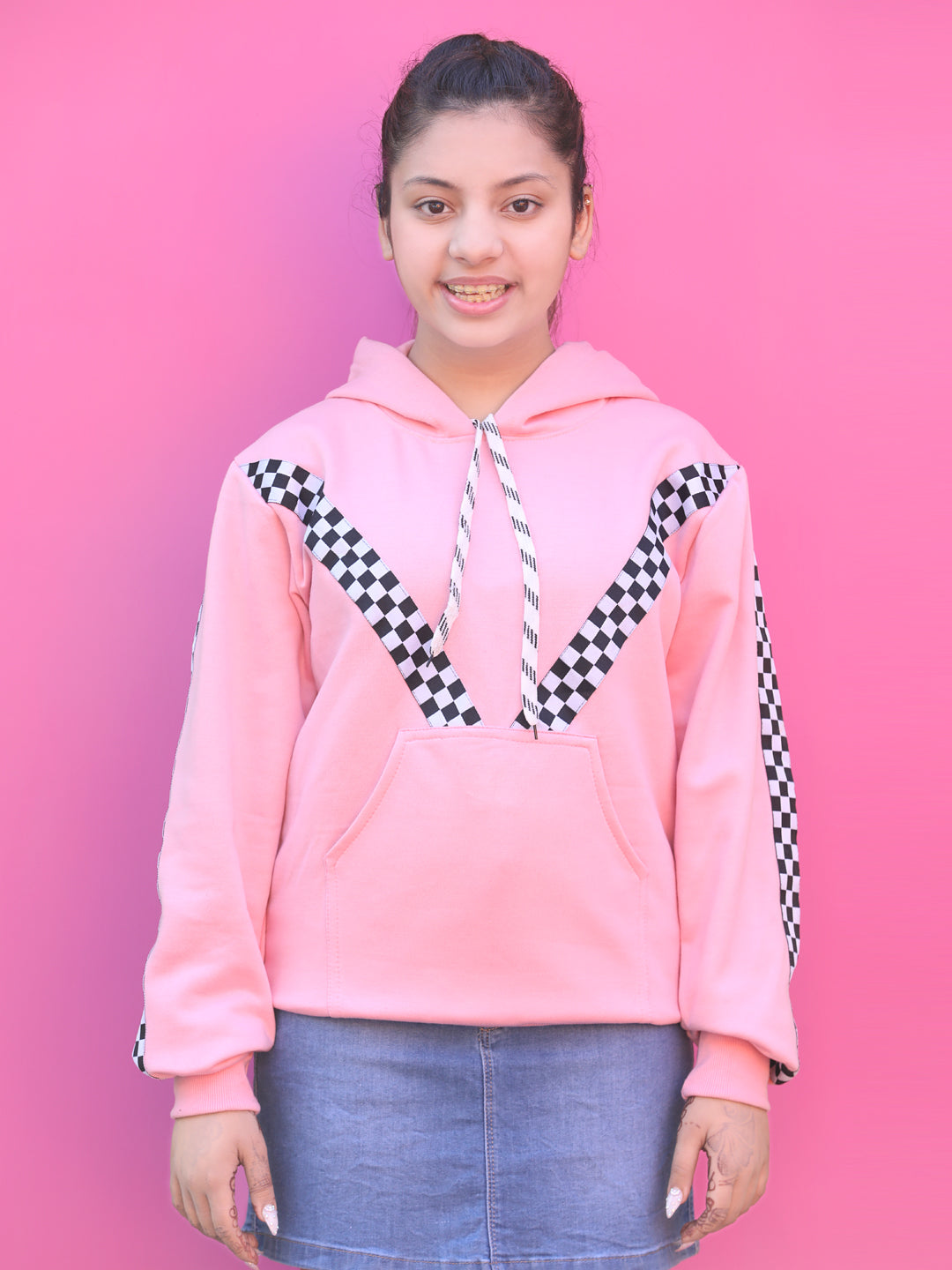 Cutiekins Solid Lace insert Hood Sweatshirt -Pink & Black