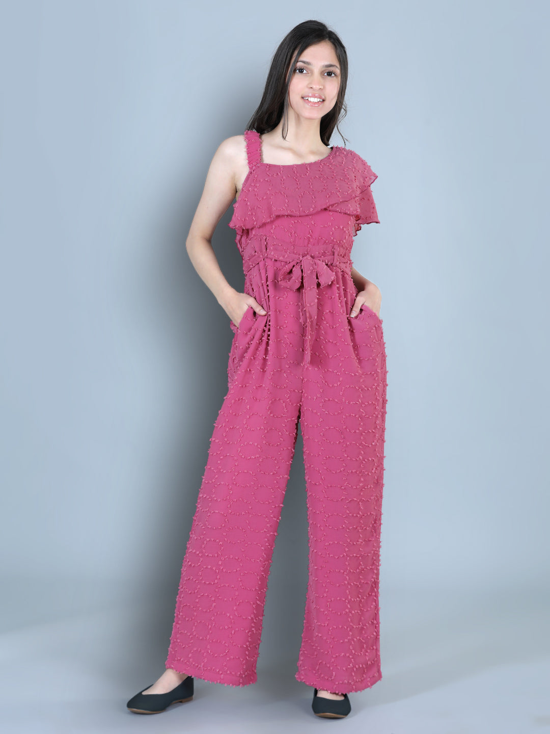 Cutiekins One Shoulder Dyed Booti Georgette Jumpsuit-Onion Pink