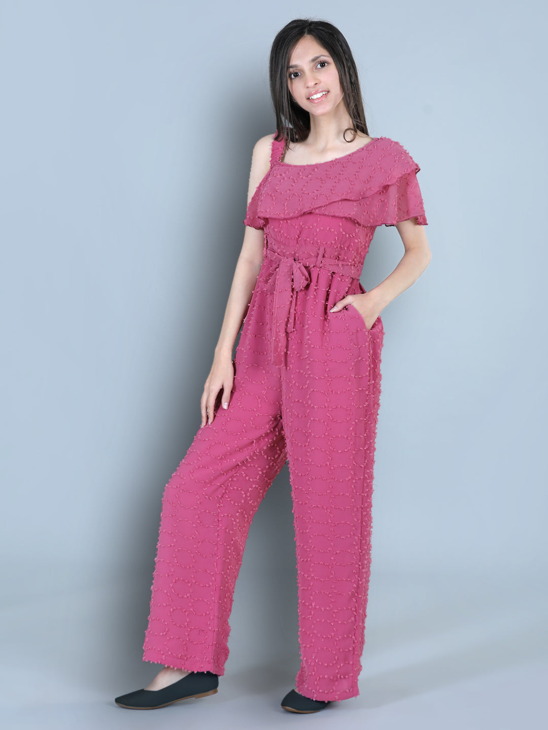 Cutiekins One Shoulder Dyed Booti Georgette Jumpsuit-Onion Pink