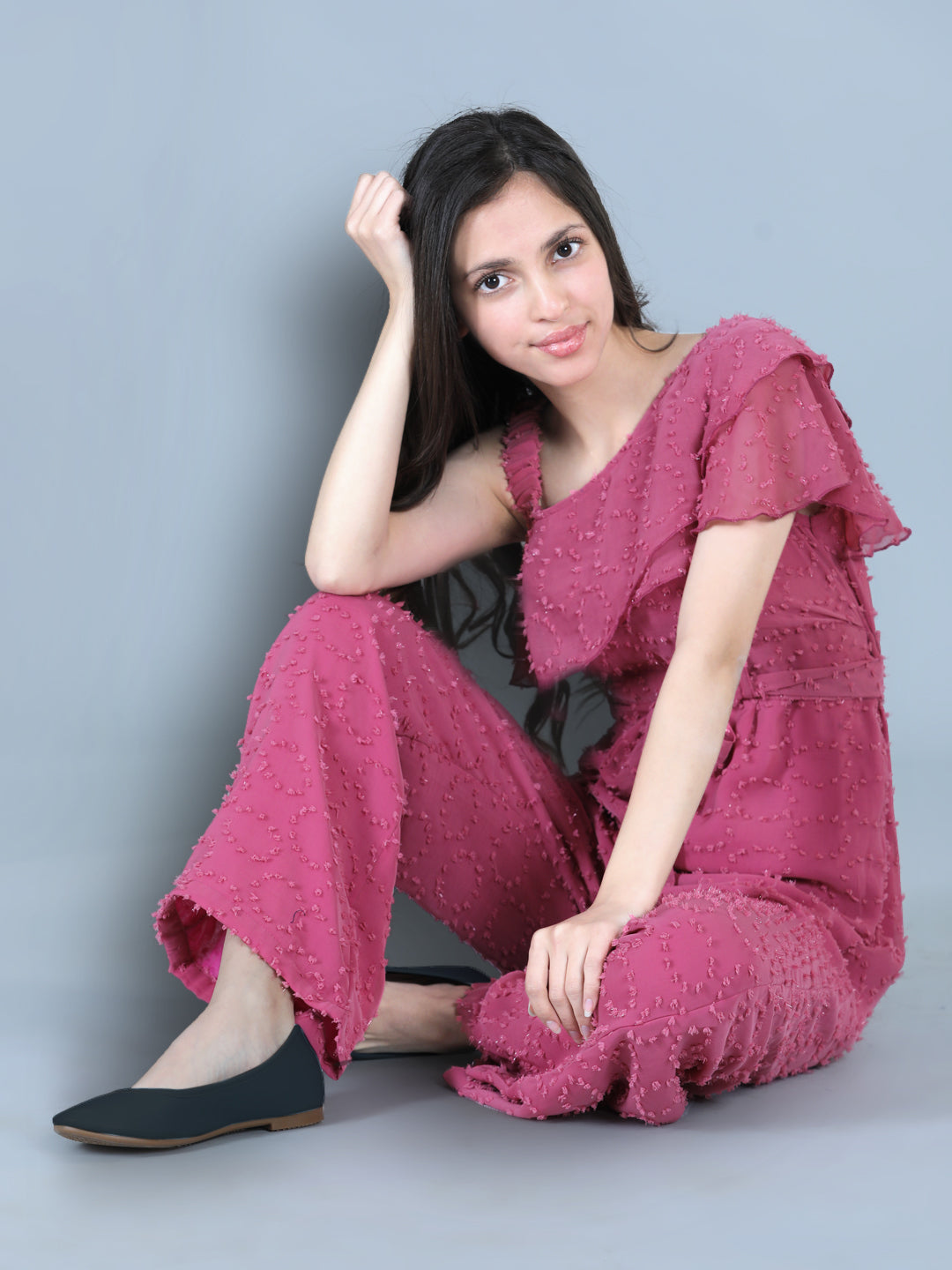 Cutiekins One Shoulder Dyed Booti Georgette Jumpsuit-Onion Pink