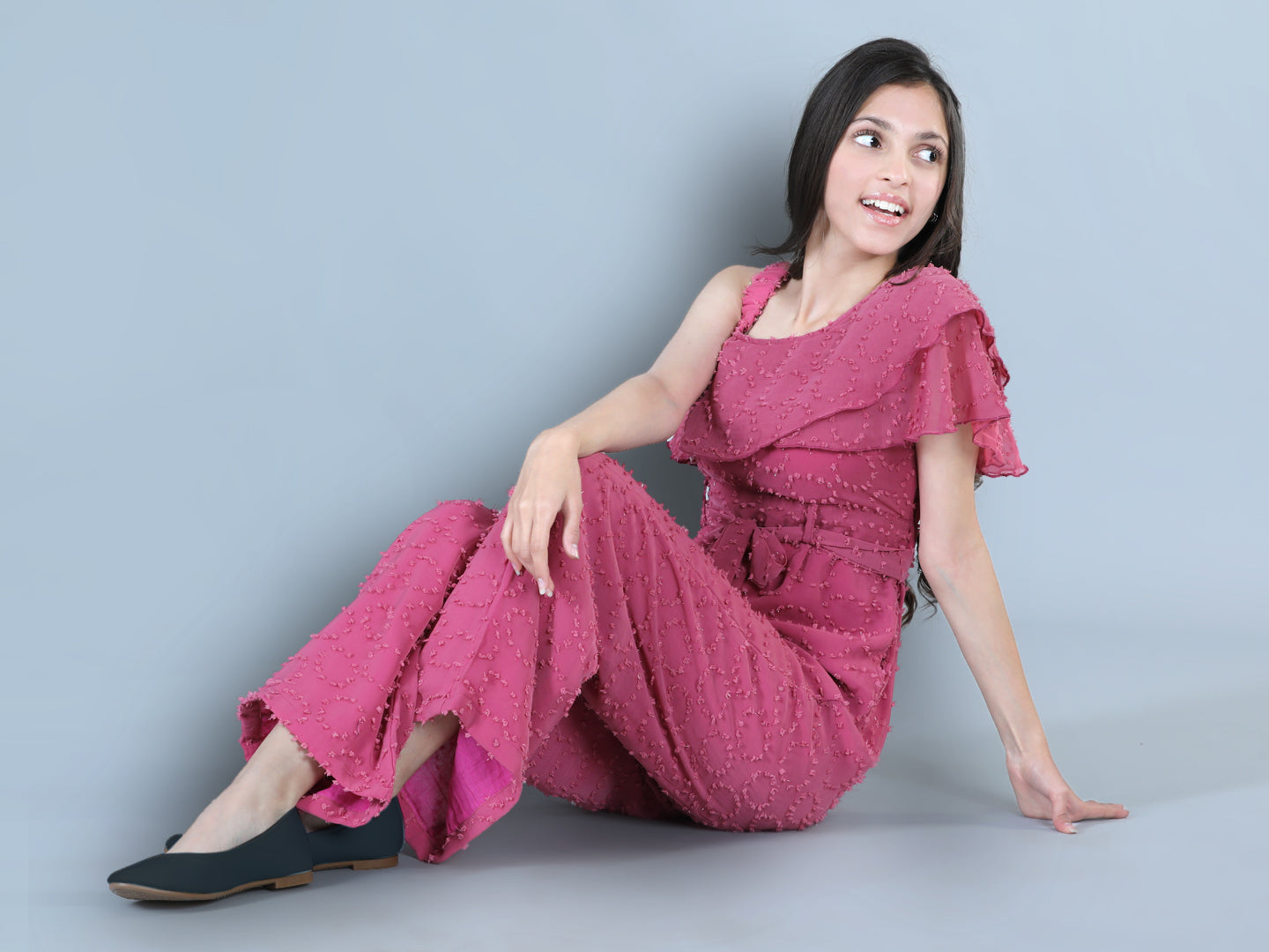 Cutiekins One Shoulder Dyed Booti Georgette Jumpsuit-Onion Pink