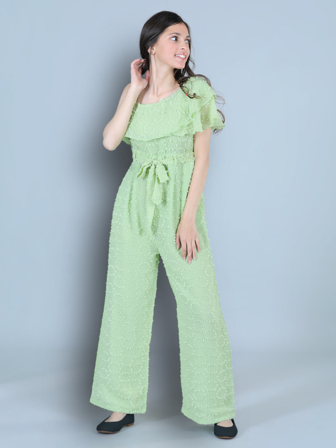 Cutiekins One Shoulder Dyed Booti Georgette Jumpsuit-Lime Green