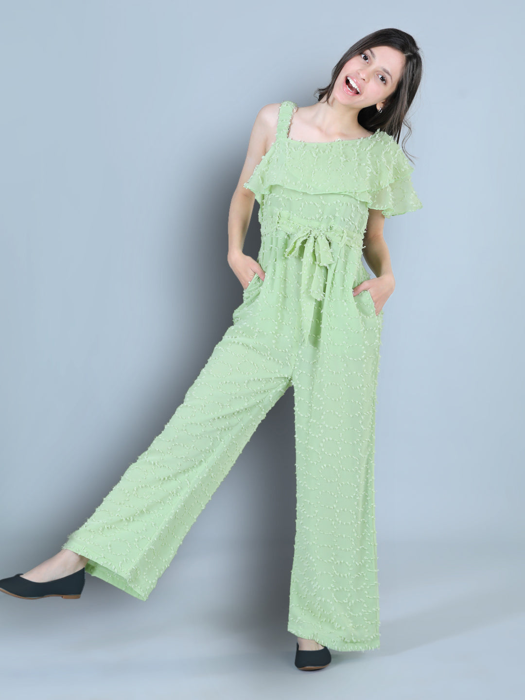 Cutiekins One Shoulder Dyed Booti Georgette Jumpsuit-Lime Green