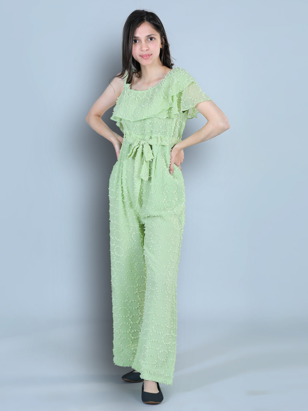 Cutiekins One Shoulder Dyed Booti Georgette Jumpsuit-Lime Green
