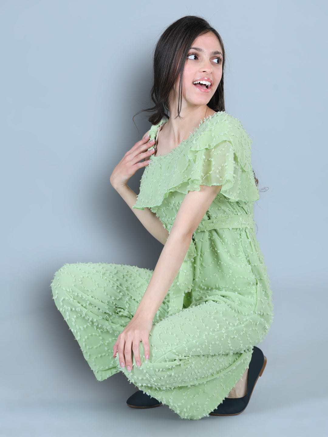 Cutiekins One Shoulder Dyed Booti Georgette Jumpsuit-Lime Green