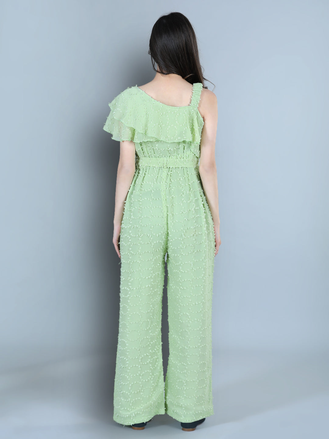 Cutiekins One Shoulder Dyed Booti Georgette Jumpsuit-Lime Green
