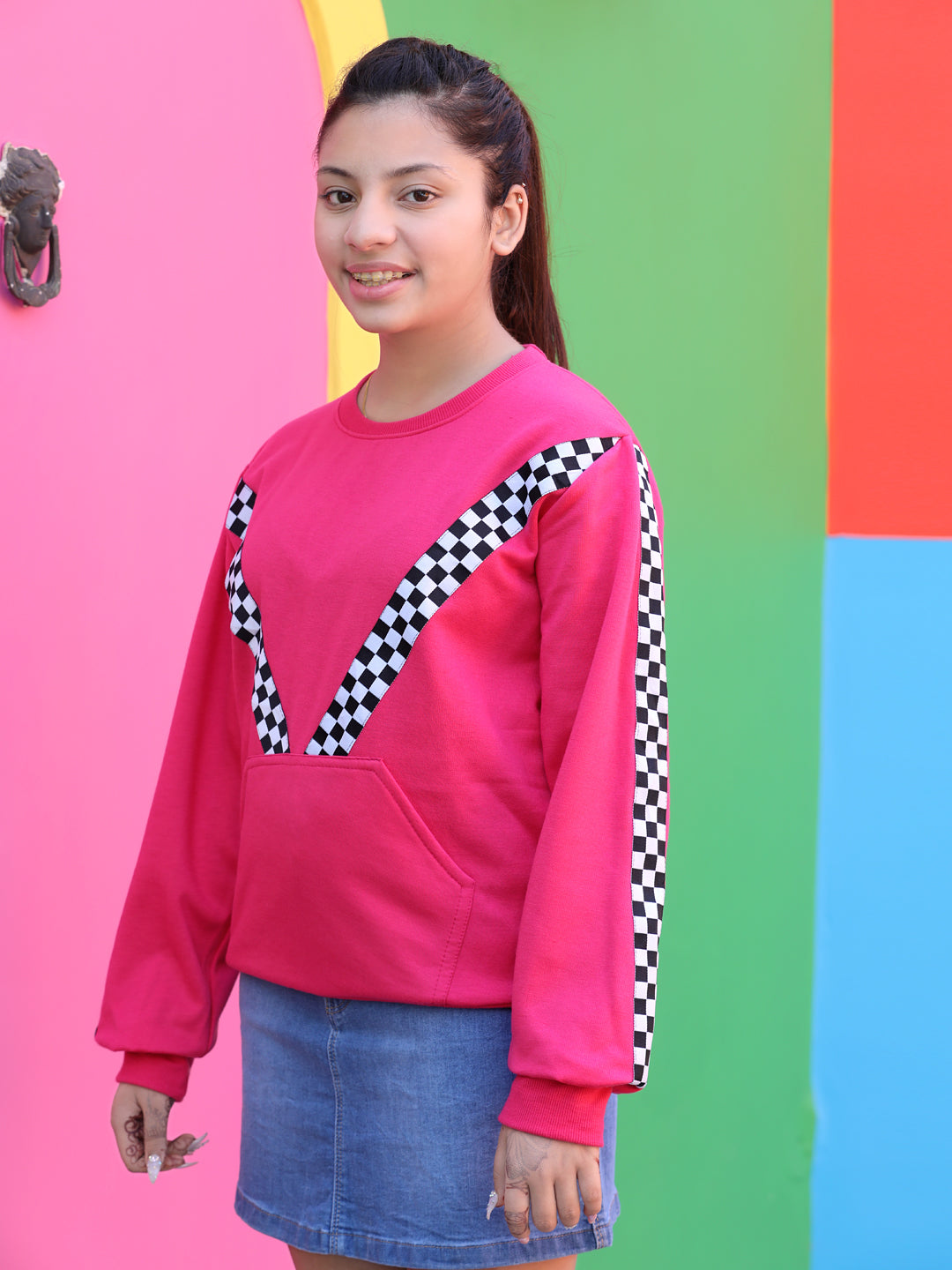 Cutiekins Solid Round Neck Lace insert Sweatshirt -Margenta Pink & Black