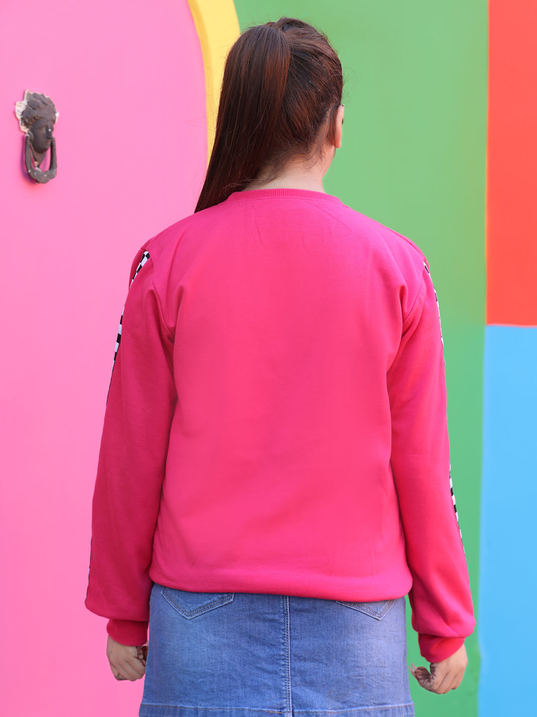 Cutiekins Solid Round Neck Lace insert Sweatshirt -Margenta Pink & Black