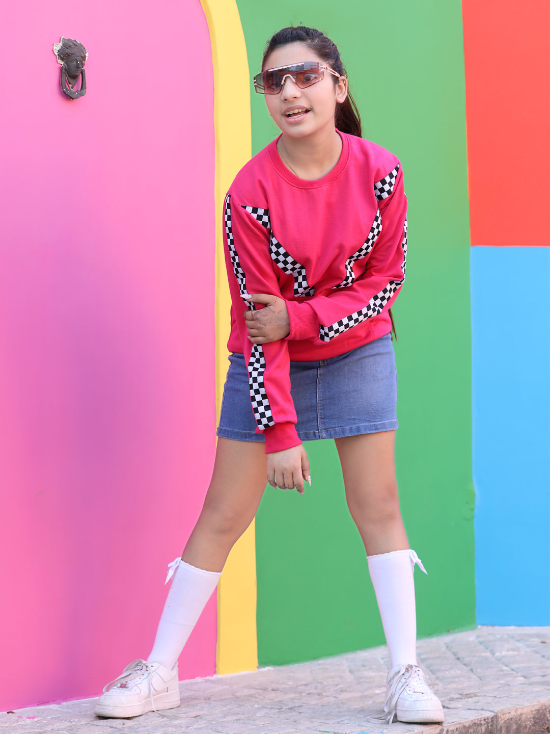 Cutiekins Solid Round Neck Lace insert Sweatshirt -Margenta Pink & Black