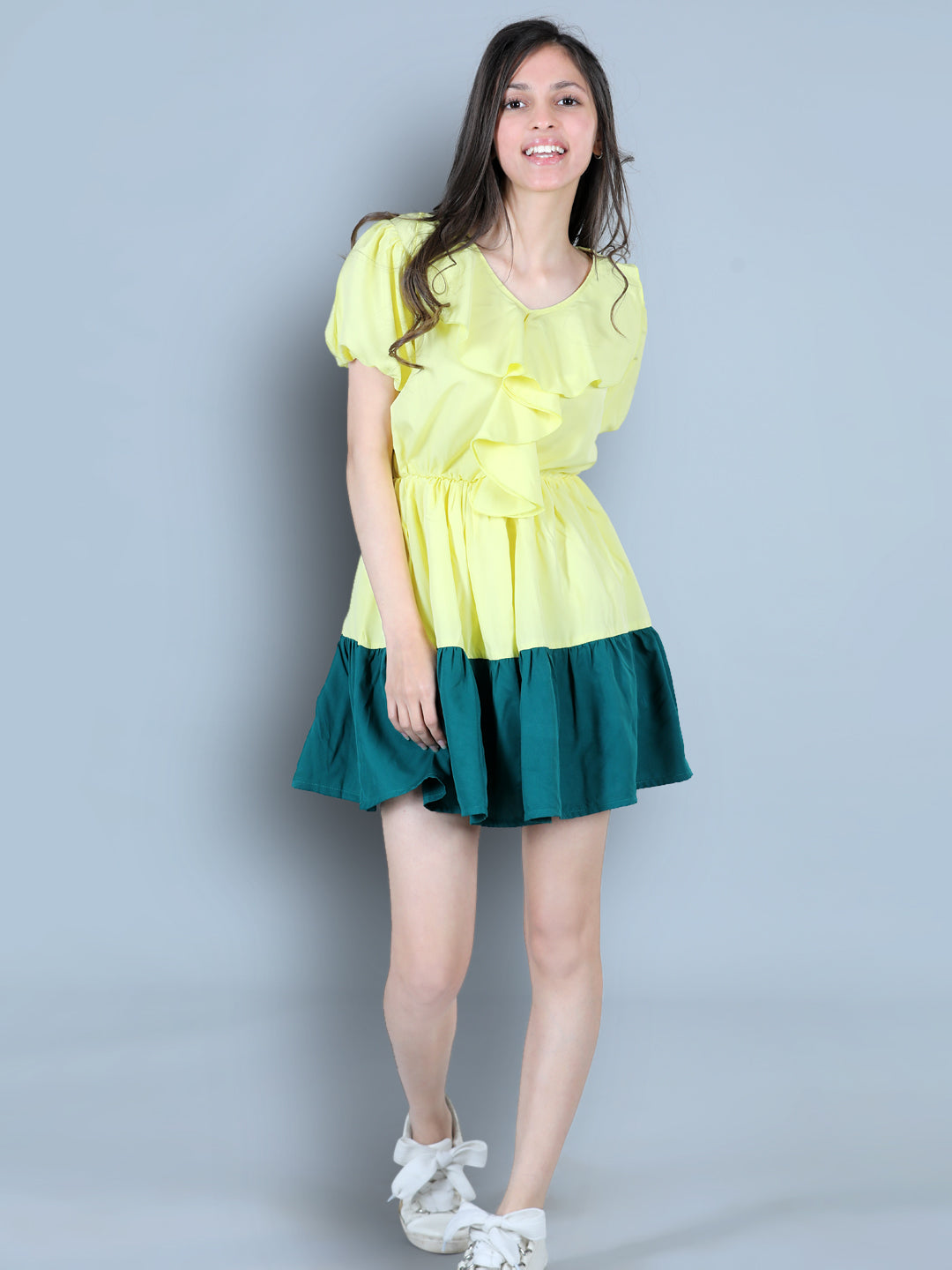 Cutiekins Solid Designer Multi Shade Dress-Lemon Yellow & Emerald Green