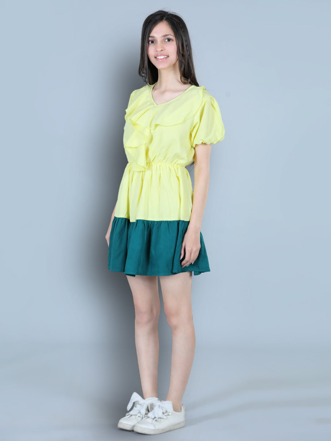 Cutiekins Solid Designer Multi Shade Dress-Lemon Yellow & Emerald Green