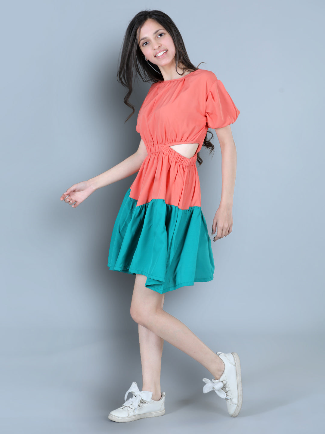 Cutiekins Solid Designer Side Cut Multi Shade Dress-Coral & Green