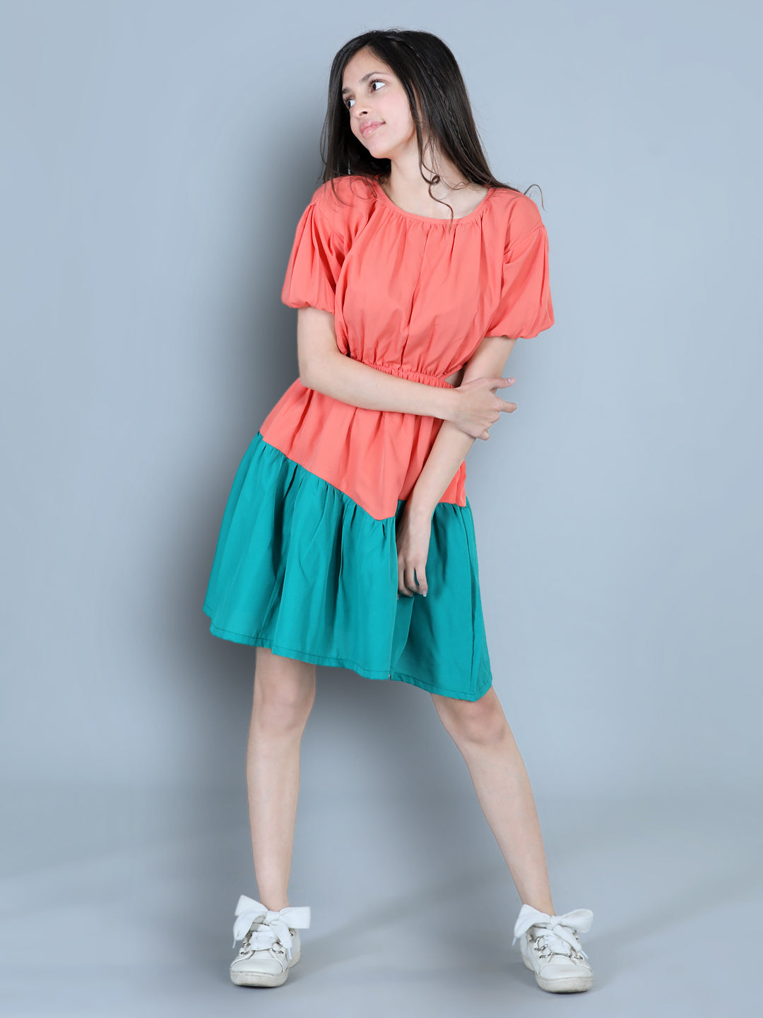 Cutiekins Solid Designer Side Cut Multi Shade Dress-Coral & Green