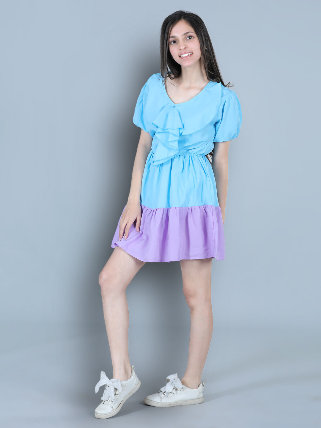 Cutiekins Solid Designer Multi Shade Dress-Sky Blue & Purple