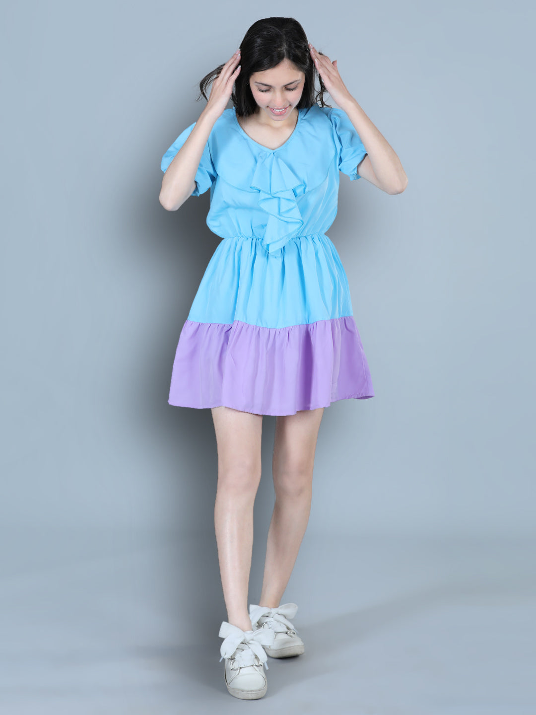Cutiekins Solid Designer Multi Shade Dress-Sky Blue & Purple