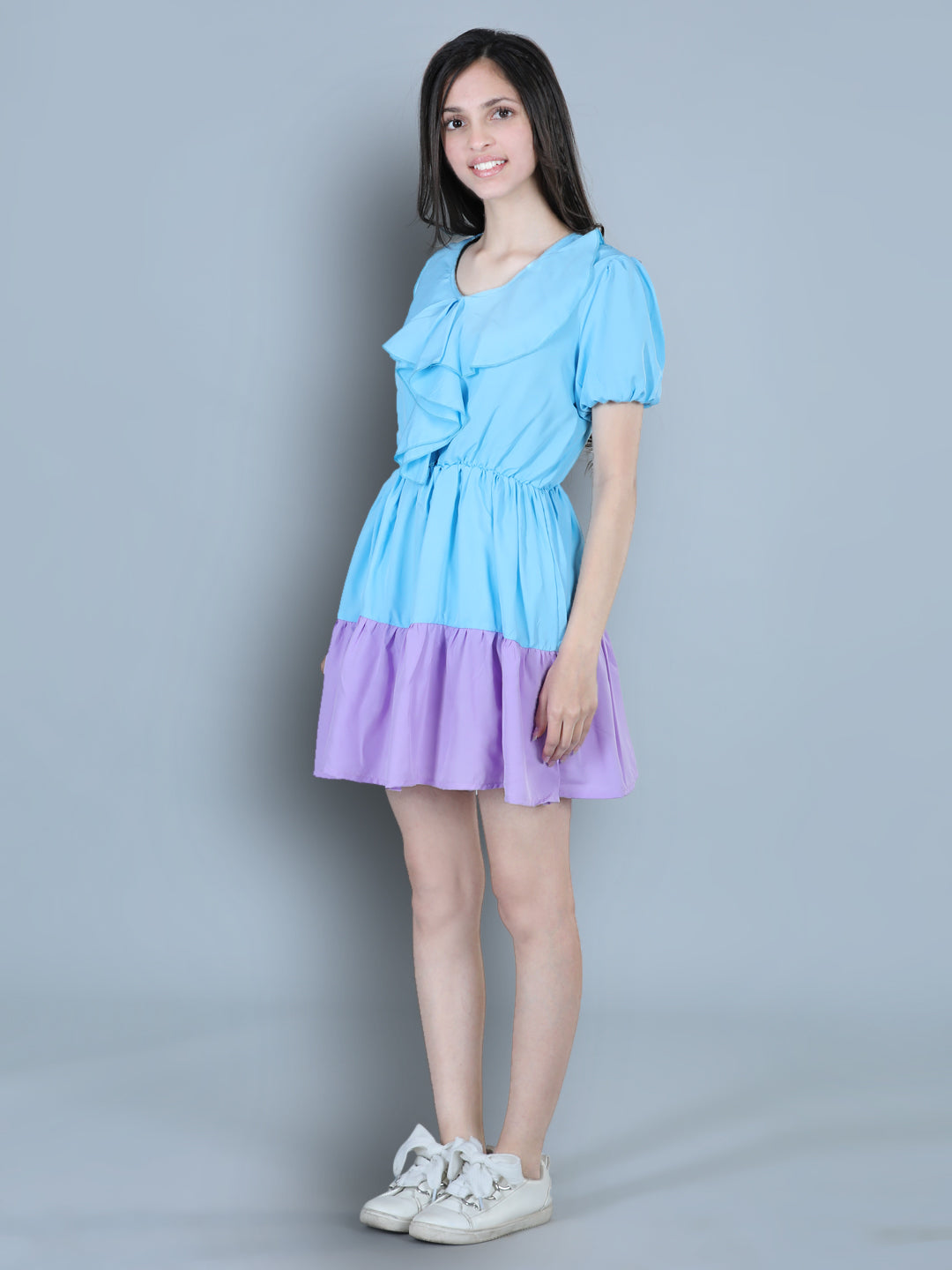 Cutiekins Solid Designer Multi Shade Dress-Sky Blue & Purple