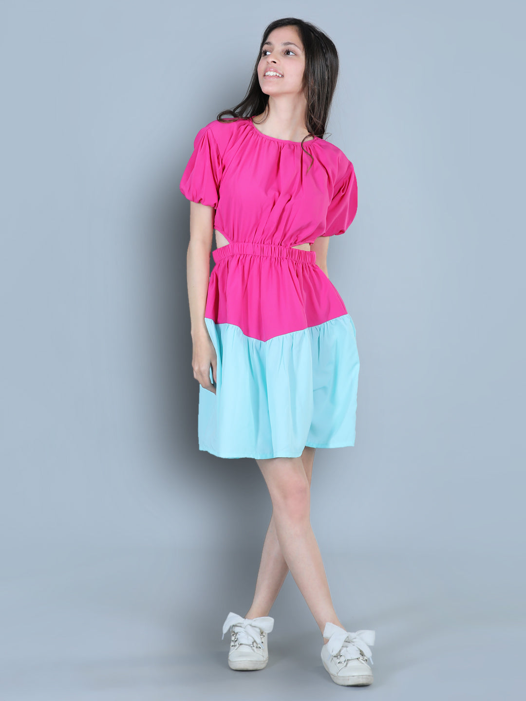 Cutiekins Solid Designer Side Cut Multi Shade Dress-Pink & Turquoise Blue