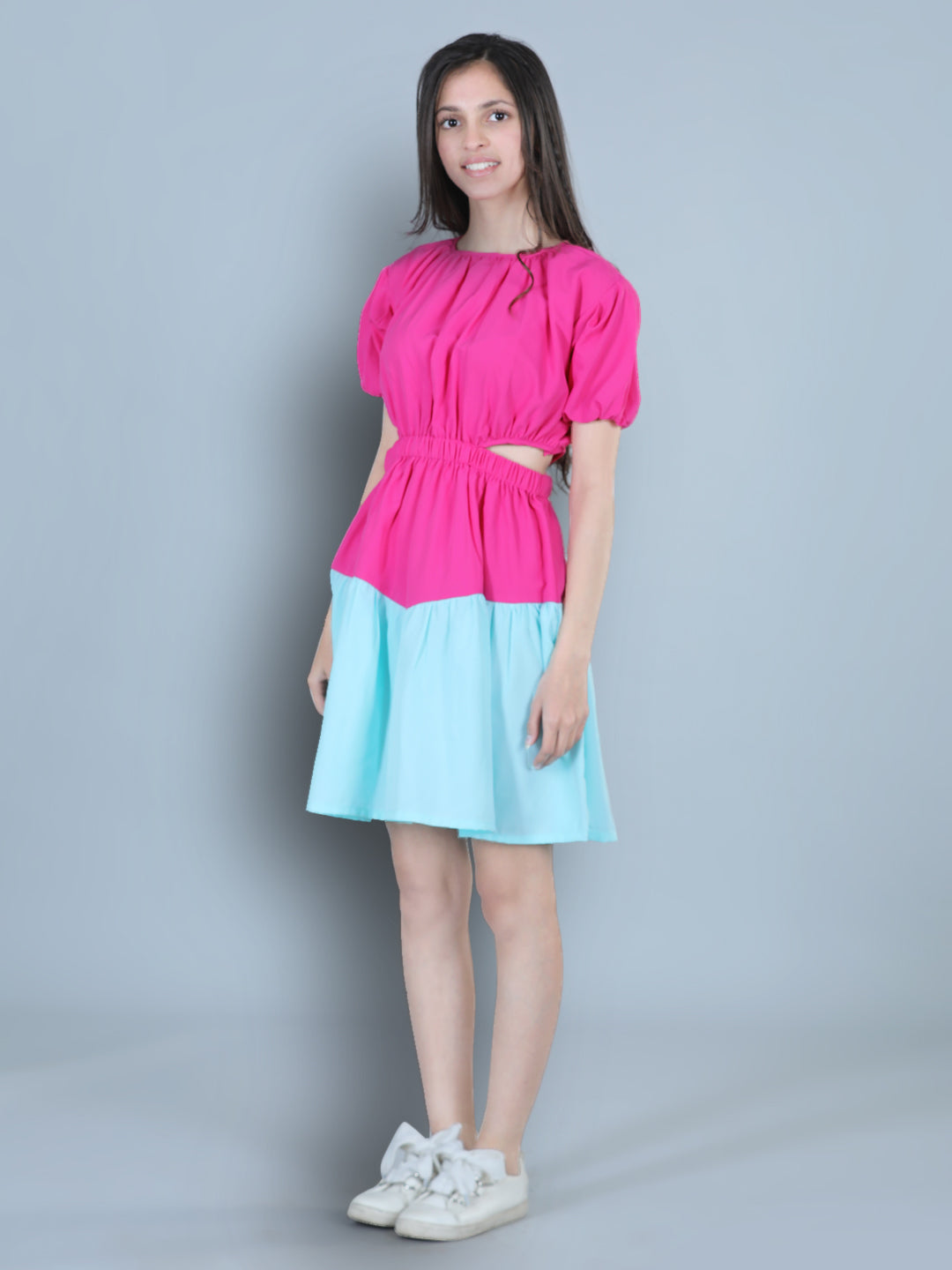 Cutiekins Solid Designer Side Cut Multi Shade Dress-Pink & Turquoise Blue