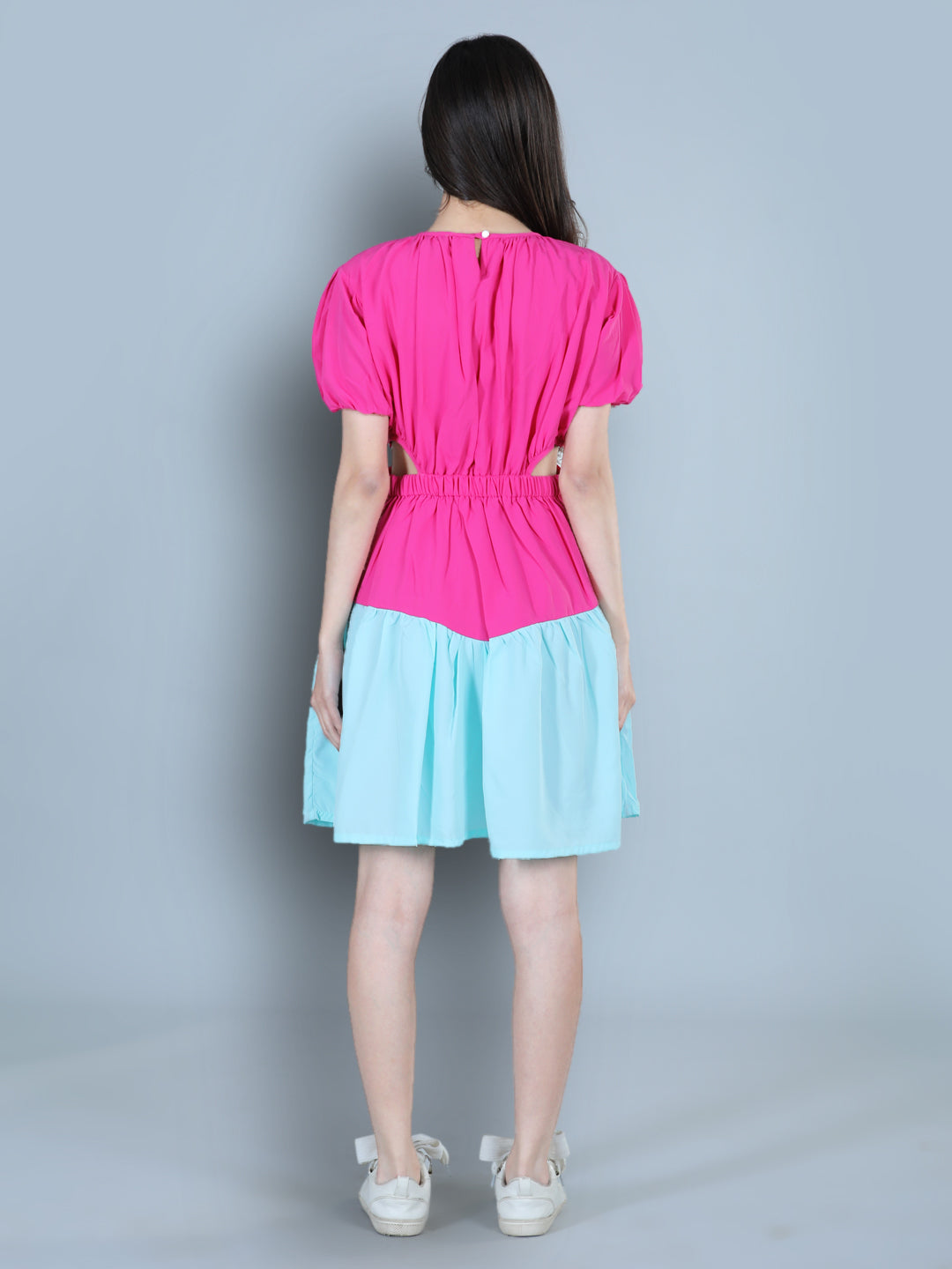 Cutiekins Solid Designer Side Cut Multi Shade Dress-Pink & Turquoise Blue