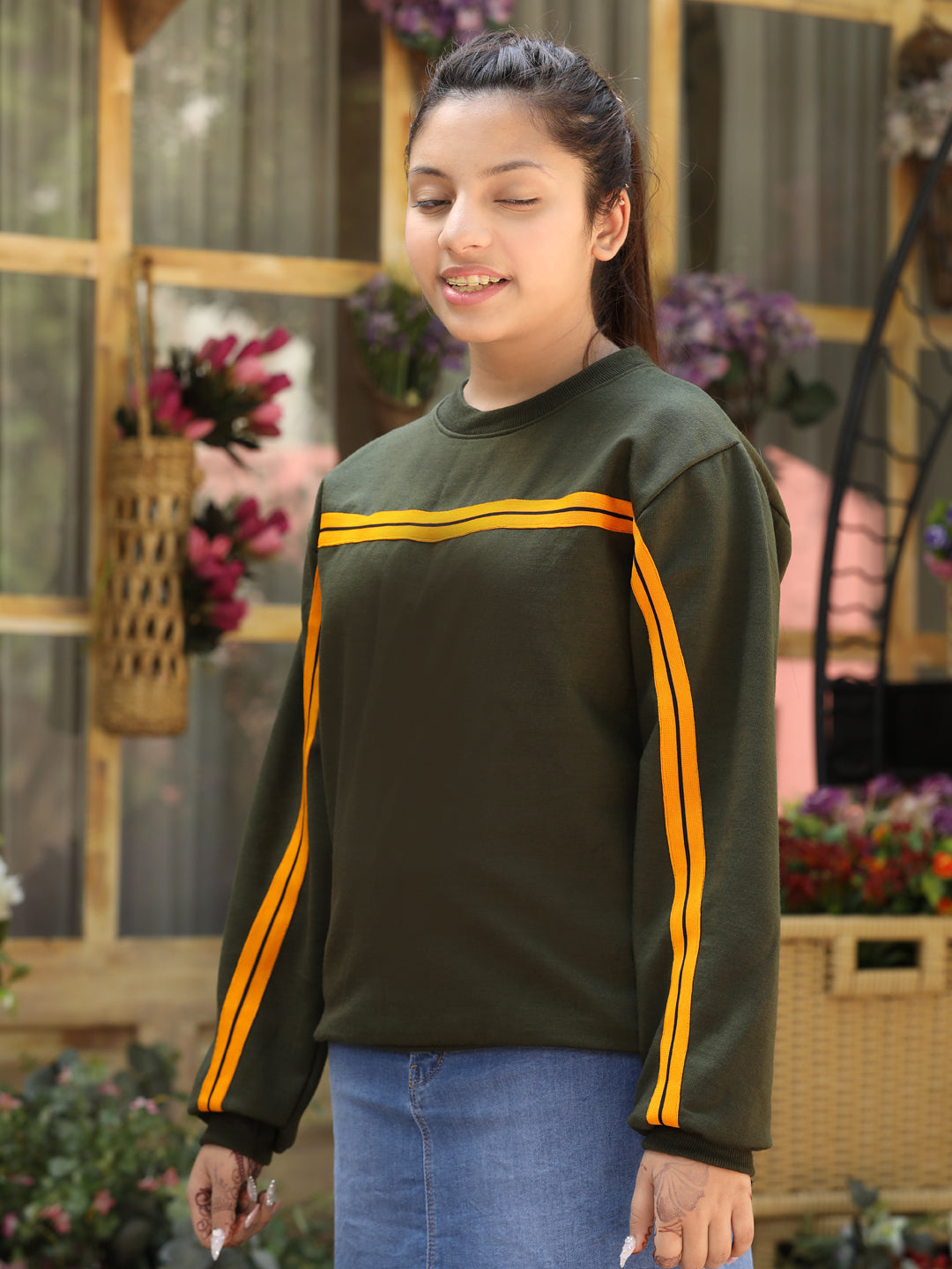 Cutiekins Solid Round Neck Lace insert Sweatshirt -Mehndi Green & Orange