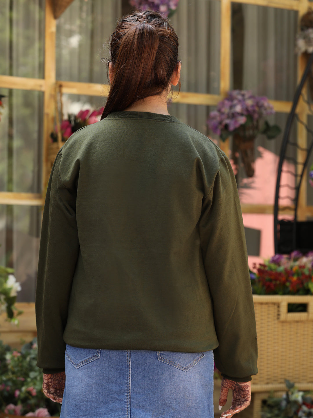 Cutiekins Solid Round Neck Lace insert Sweatshirt -Mehndi Green & Orange