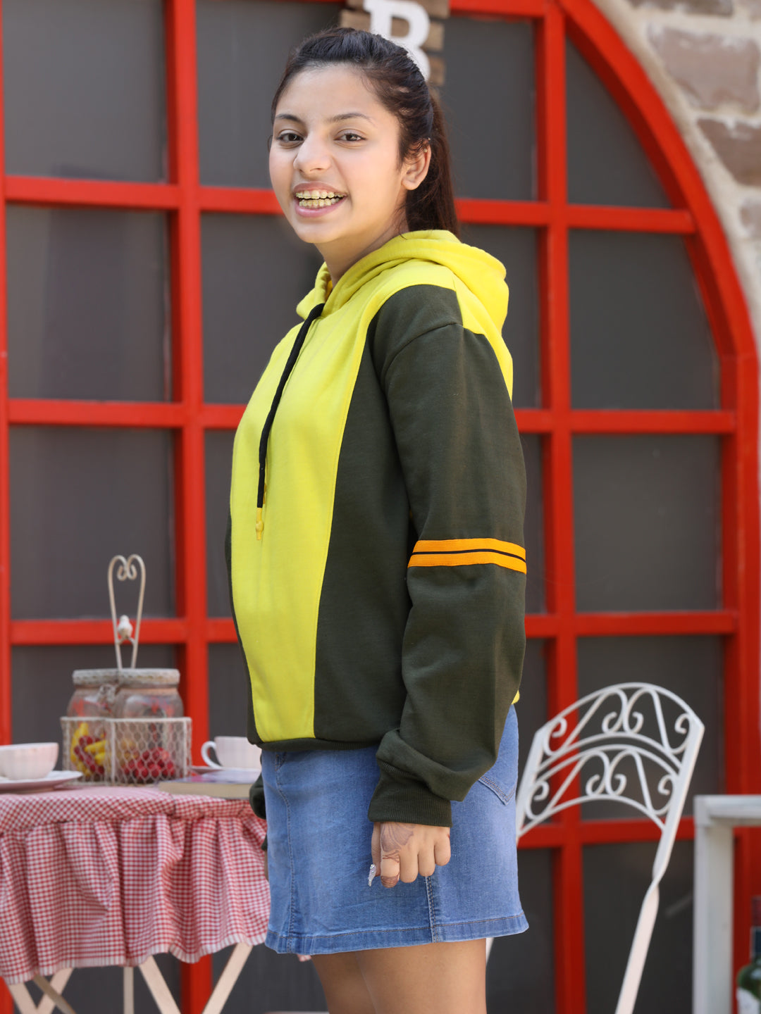 Cutiekins Colourblocked Hood Sweatshirt-Yellow & Mehndi Green