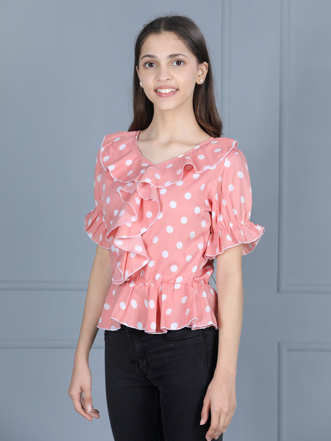 Cutiekins Girls Casual Polyester Peplum Top (Peach & White)