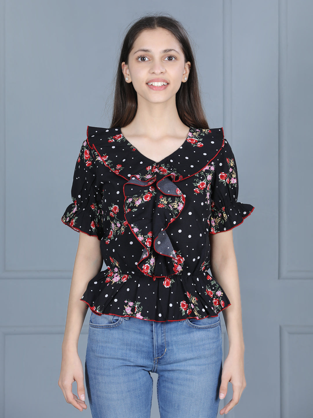 Cutiekins Girls Casual Polyester Peplum Top (Black & Red)