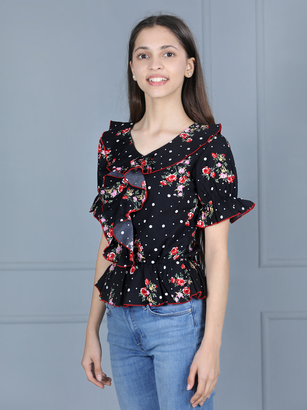 Cutiekins Girls Casual Polyester Peplum Top (Black & Red)