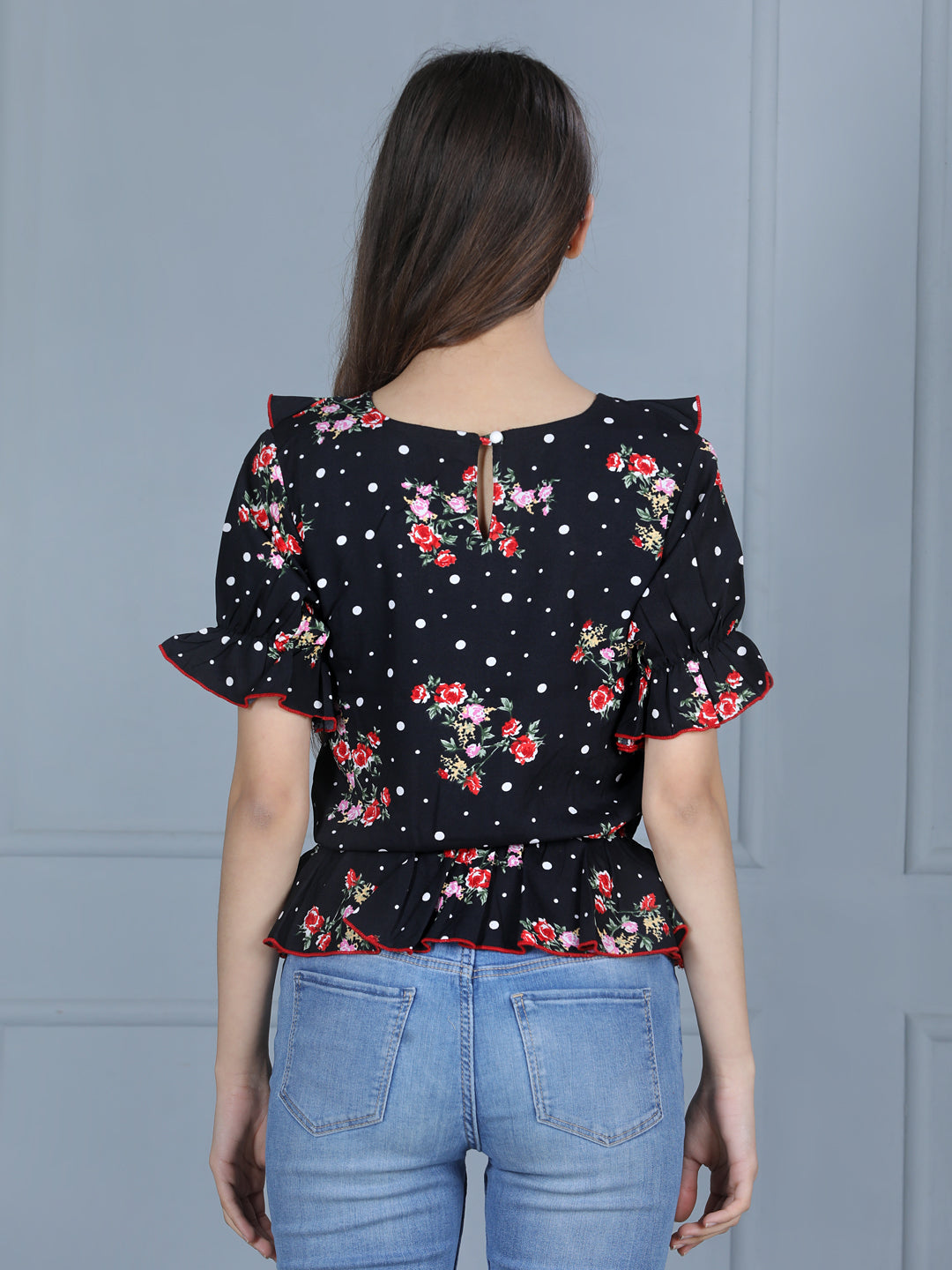 Cutiekins Girls Casual Polyester Peplum Top (Black & Red)