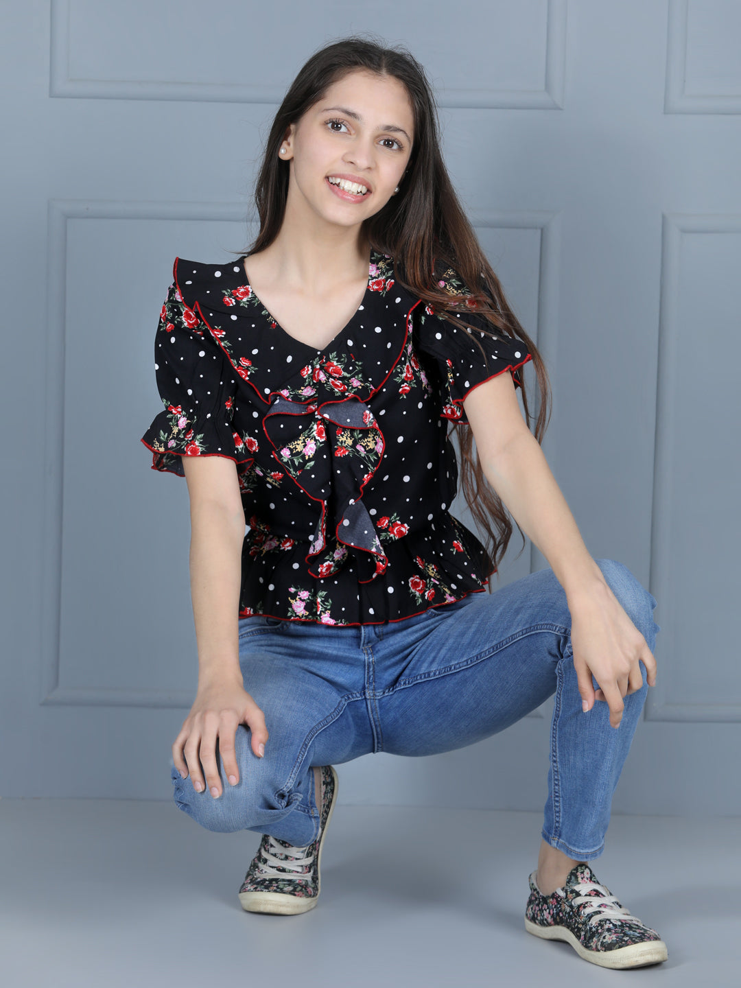 Cutiekins Girls Casual Polyester Peplum Top (Black & Red)