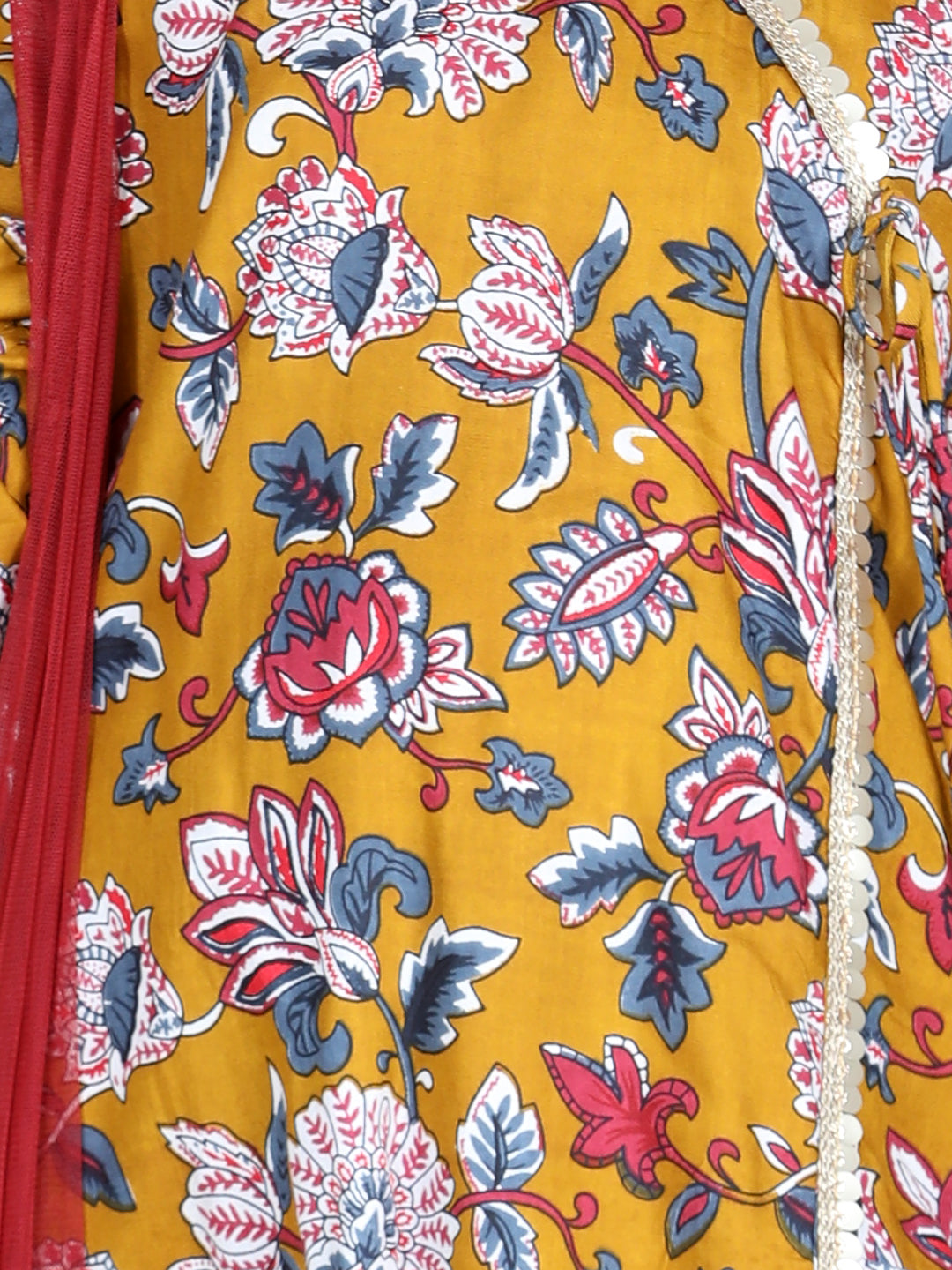 Cutiekins Floral & Striped Printed Angrakha Style Kurta & Palazzo Set -Mustard & Brown